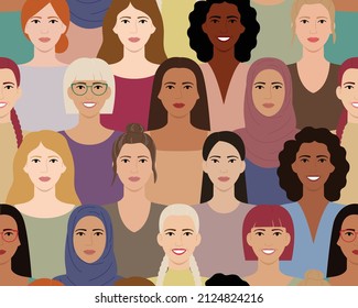 Seamless pattern of women with different hairstyles, skin colors, races, ages. Diverse faces of smiling women. International Womens Day. Flat vector illustration in bright colors.