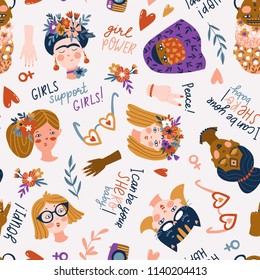Seamless pattern - women of different nationalities and religions, International women day, girl protest. Cute and funny girls characters. Feminism fabric design. Vector illustration.