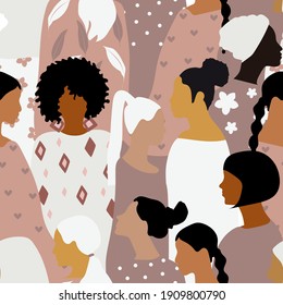 Seamless pattern with women of different nationalities in pastel colors. For printing on fabrics, paper, posters. Flat design cartoons. Vector graphics.
