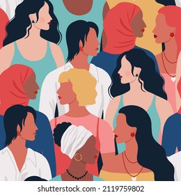 Seamless pattern of women of different nationalities ethnicity and hairstyle. Female diverse portraits. International Women's day, 8 March design. Women's friendship, sisterhood. Vector illustration