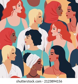 Seamless pattern of women of different nationalities ethnicity and hairstyle. Female diverse portraits. International Women's day, 8 March design. Women's friendship, sisterhood. Vector illustration