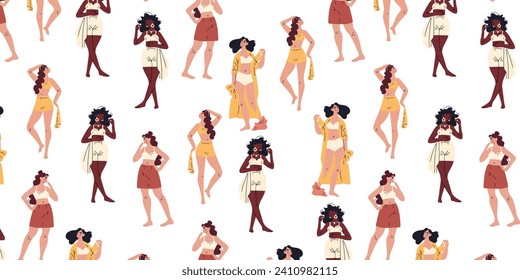 Seamless pattern with women of different nationalities in pajamas or underwear, vector in cartoon style on a white background