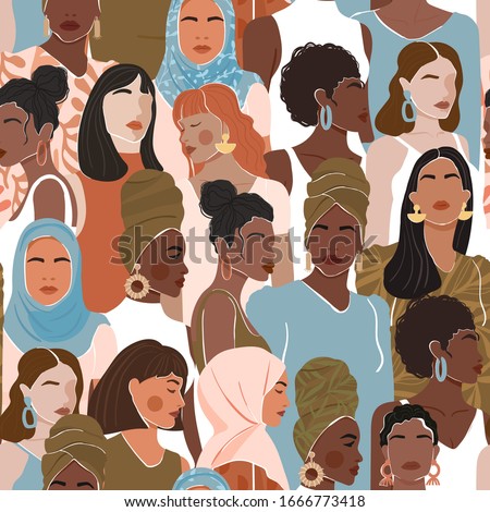 Seamless pattern with women different nationalities and cultures. Girl power, struggle for equality, feminism concept. Texture for textile, wrapping paper, social media post etc. Vector.