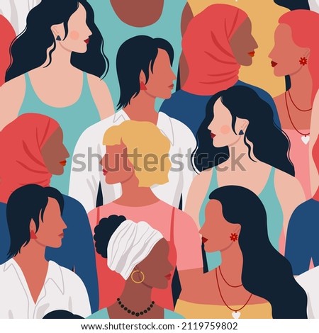 Seamless pattern of women of different nationalities ethnicity and hairstyle. Female diverse portraits. International Women's day, 8 March design. Women's friendship, sisterhood. Vector illustration