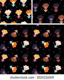 mujeres de patrón sin fisuras de diferentes razas, ilustración vectorial de stock aislada en fondo de color. mujeres de piel clara y de piel clara, igualdad, independencia, movimiento de mujeres