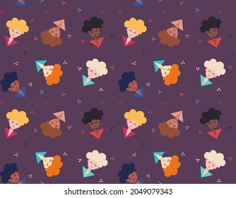 seamless pattern women of different races, stock vector illustration isolated on color background. fair-skinned and close-skinned women, equality, independence, women's movement