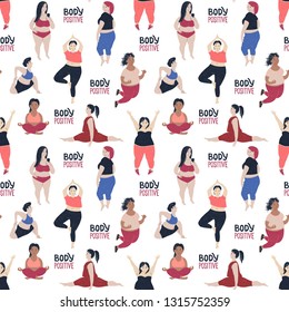 Seamless pattern with women of different size and body proportions. Body positive theme. Vector illustration.