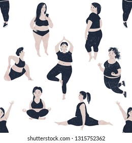 Seamless pattern with women of different size and body proportions. Body positive theme. Vector illustration.