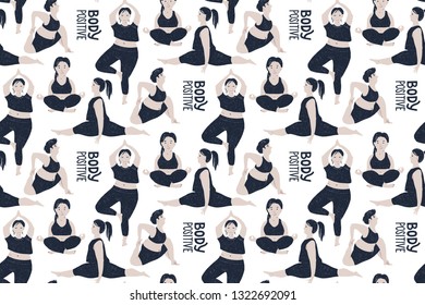 Seamless pattern with women of different size and body proportions. Body positive theme. Vector illustration.