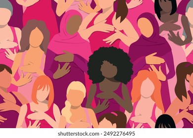 Seamless pattern of women doing breast self-examination. Breast Cancer Month background. 