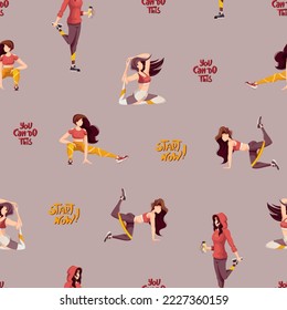 Seamless pattern with women doing fitness training. Sport, Workout, Healthy lifestyle, Gym, Fitness, yoga concept. Perfect for product design, wallpaper, scrapbooking, textile.