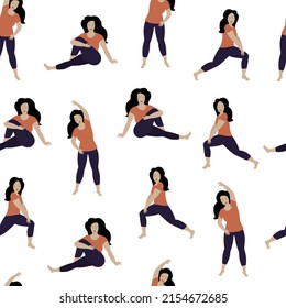 Seamless pattern with women doing stretching exercises. 
