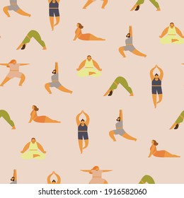 Seamless pattern of women doing yoga exercises. Fitness and streching. Hand drawn colorful funny cartoon style vector illustration. 