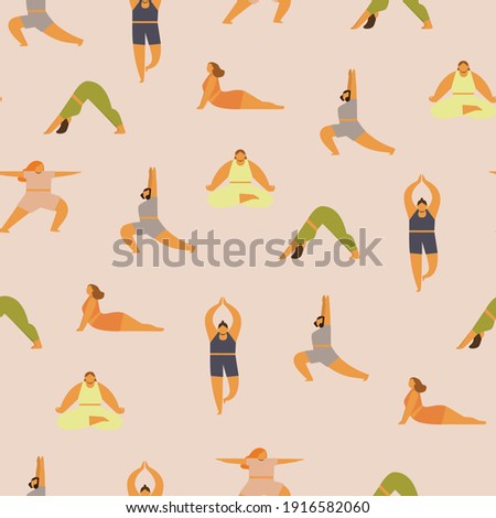 Seamless pattern of women doing yoga exercises. Fitness and streching. Hand drawn colorful funny cartoon style vector illustration. 