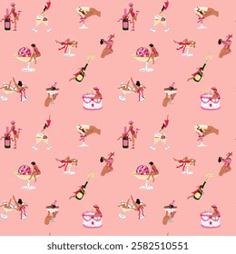 Seamless pattern with women Enjoying Martini Glass Pose Set. Party Vibes.