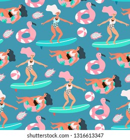 Seamless pattern of women enjoying summer vacation at the seaside. Vector illustration that can be used for wrapping, textile, fabric, interior decor and wallpaper.