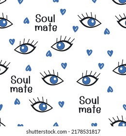 Seamless pattern with women eyes cartoons, hand drawn hearts and soul mate font on white background vector illustration. 