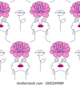 Seamless pattern with women faces  and abstract floral lips on white  background.
