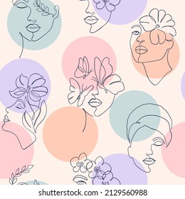 Seamless pattern with women faces  and color circles.