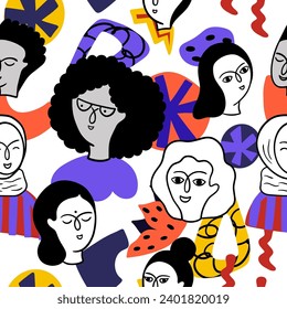Seamless pattern with women faces of different nationalities: African-American, Asian, European, Arab. Diverse community. Support service. 