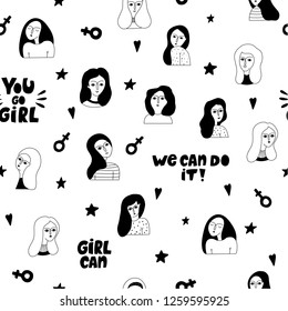 Seamless pattern with women faces.  Feminism. Sisterhood. Vector templates for social media, website.