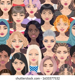 Seamless pattern with women faces or heads. Group of cute cartoon girls with different hairstyles, makeup and hair color. Backdrop with crowd of multicultural people on dark background.