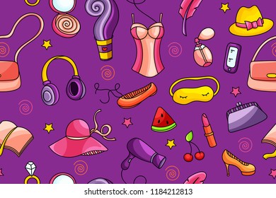 Seamless pattern with women fashion objects in doodle style. Colorful femininity background.