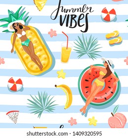 Seamless pattern with women floating on various inflatable rings in swimming pool. Summer collage with flowers, leaves, fruits, cocktail and lettering. Vector illustration on striped backgrou