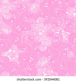 Seamless pattern with women, flowers and hair. Beauty background. Pretty woman. 