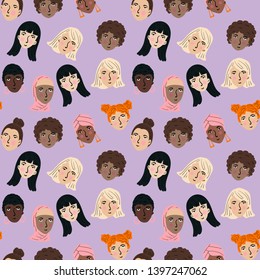 Seamless pattern women / girl / female head. Different culture, race, skin color, nationality. Women diversity.