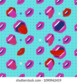 Seamless pattern of a women lips with different expressions on turquoise background with dots and crosses pattern