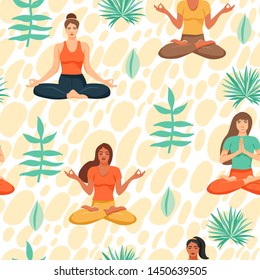 Seamless pattern with women in lotus yoga poses. Healthy lifestyle and yoga concept. People and leaf. Texture for textile, wrapping paper and packaging. Vector on abstract background.