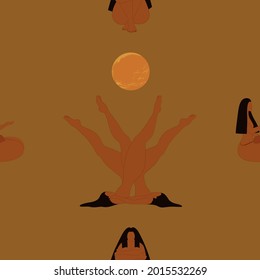 Seamless pattern, women of the Mayan tribe in different poses, sun or star on a gold background. Vector illustration in a flat style.