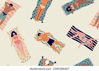 Seamless pattern with women and men lying on towels and sunbathing. Summer backdrop with relaxing people. Vector illustration for fabric, print, cover.