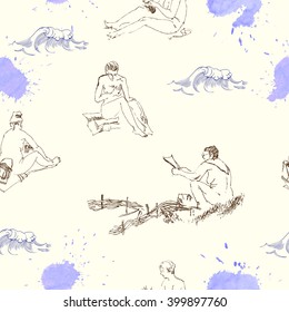  Seamless pattern with women on the beach.Hand drawn sketches vector illustration. Waves and rest