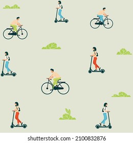 Seamless pattern with women on electric scooters . cyclists. A man on a bicycle, a man on a bicycle. Young woman riding a kick scooter. Seamless pattern. Vector. pattern