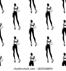 Seamless pattern with women on white background. Fashion sketch. Fabric print.