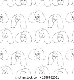 Seamless pattern with women. One continuous line drawing of woman with curly hair. Minimalism art. 