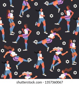 Seamless pattern with women playing soccer or football on a black background that can be used for wrapping, fabric, wallpaper, textile and other decoration.