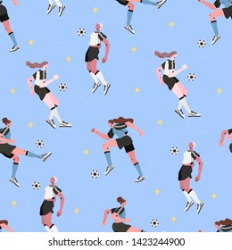 Seamless pattern with women playing soccer or football on a blue background that can be used for wrapping, fabric, wallpaper, textile and other decoration.