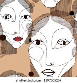 Seamless pattern with women portraits in modern abstract style. Hand drawn vector texture for your contemporary fashion design.