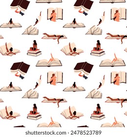 Seamless pattern with  Women reading a book. Read more book concept. Literature fans or lovers