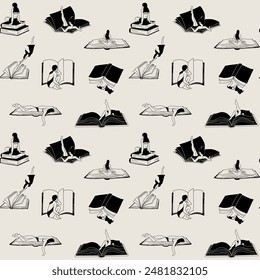 Seamless pattern with Women reading a book. Read more book concept. Literature fans or lovers.	