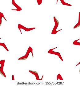 Seamless pattern women red high heels shoe isolated on white background. Lady footwear fashion simple print, vector eps 10