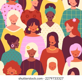 Seamless pattern with women. Repeating template with different multiracial beautiful girls standing together. Feminism, Sisterhood and Fight for Rights. March 8. Cartoon flat vector illustration