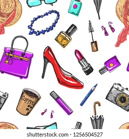 Seamless pattern Women s accessories cosmetics. Vintage style. Hand drawn doodle hat, shoes and makeup tools. Set of Patch and Pins.
