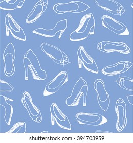Seamless pattern with women shoes. Fashion background on jeans texture. Vector Illustration