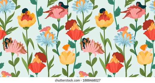 Seamless pattern with women sitting in flowers. Concept for International Women s Day and other use. Vector template