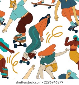 Seamless pattern with women with skateboard. Cool cartoon charcaters in modern clothes. Vector illustration