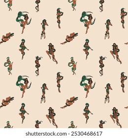 Patrón sin fisuras con mujeres con una serpiente envuelta alrededor de su cuerpo. Luna. Lindas damas. Estilo retro.